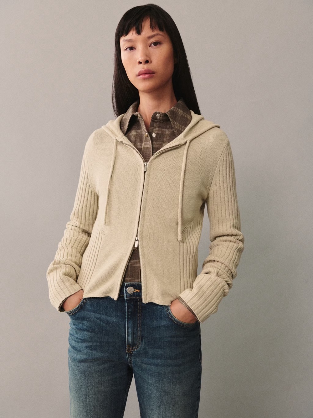 NWT Mango Beige Zip-Up Hooded Knit Sweater